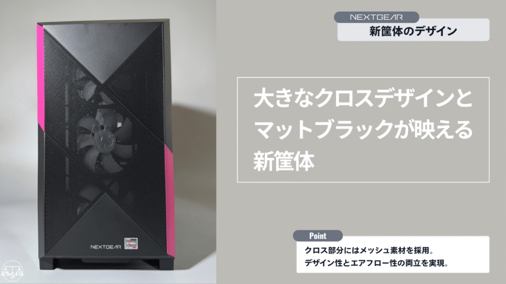 NEXTGEAR JG-A7G70の新筐体デザインを説明する画像。大きなクロスデザインとマットブラックのフロントパネル、メッシュ素材によるエアフロー性能を紹介したレイアウト